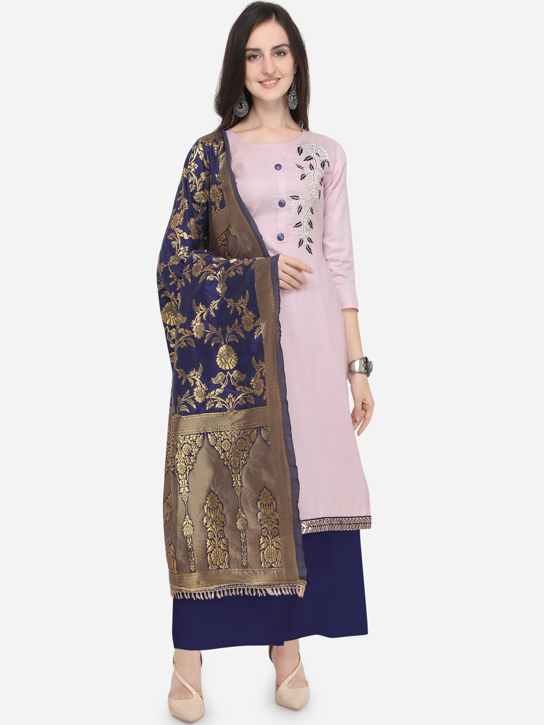 Blissta Lavender & Navy Blue Cotton Blend Unstitched Dress Material