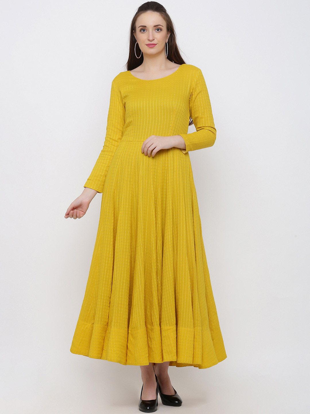 Indian Virasat Yellow  Embellished Cotton Maxi Dress