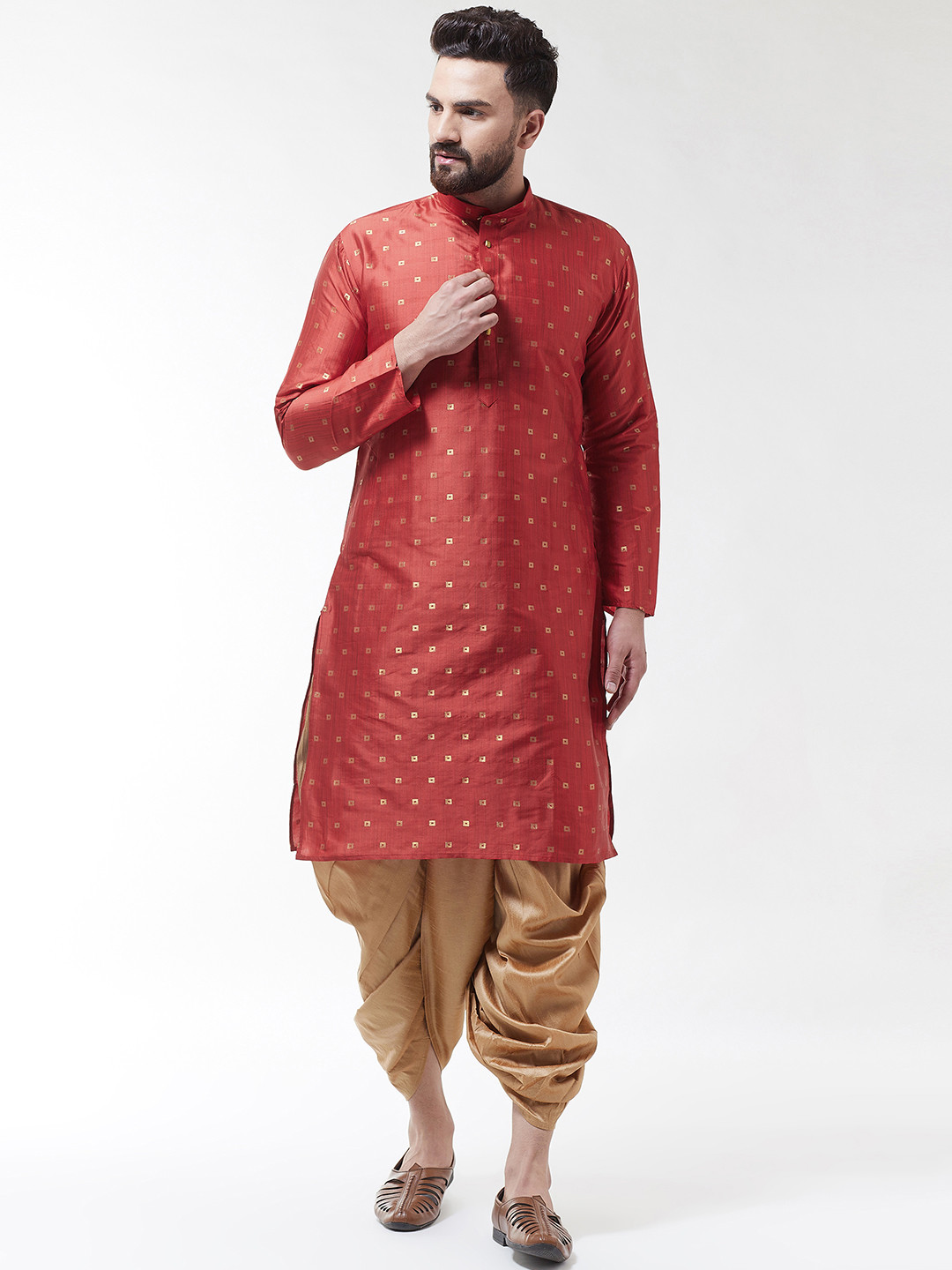 SOJANYA Men Red & Gold-Coloured Self Design Kurta with Dhoti Pants