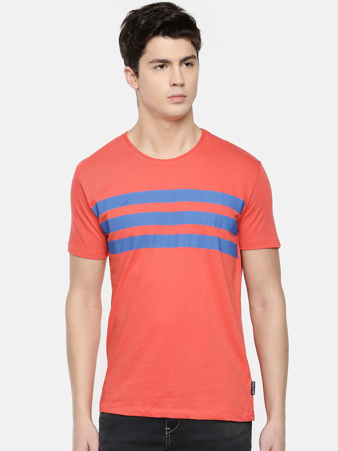 Braveo Men Coral Pink  Blue Striped Round Neck Slim Fit Pure Cotton T-shirt