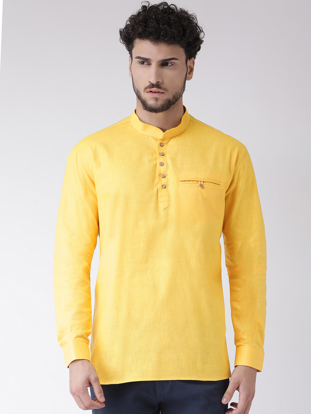 TABARD Men Yellow Solid Short Straight Kurta