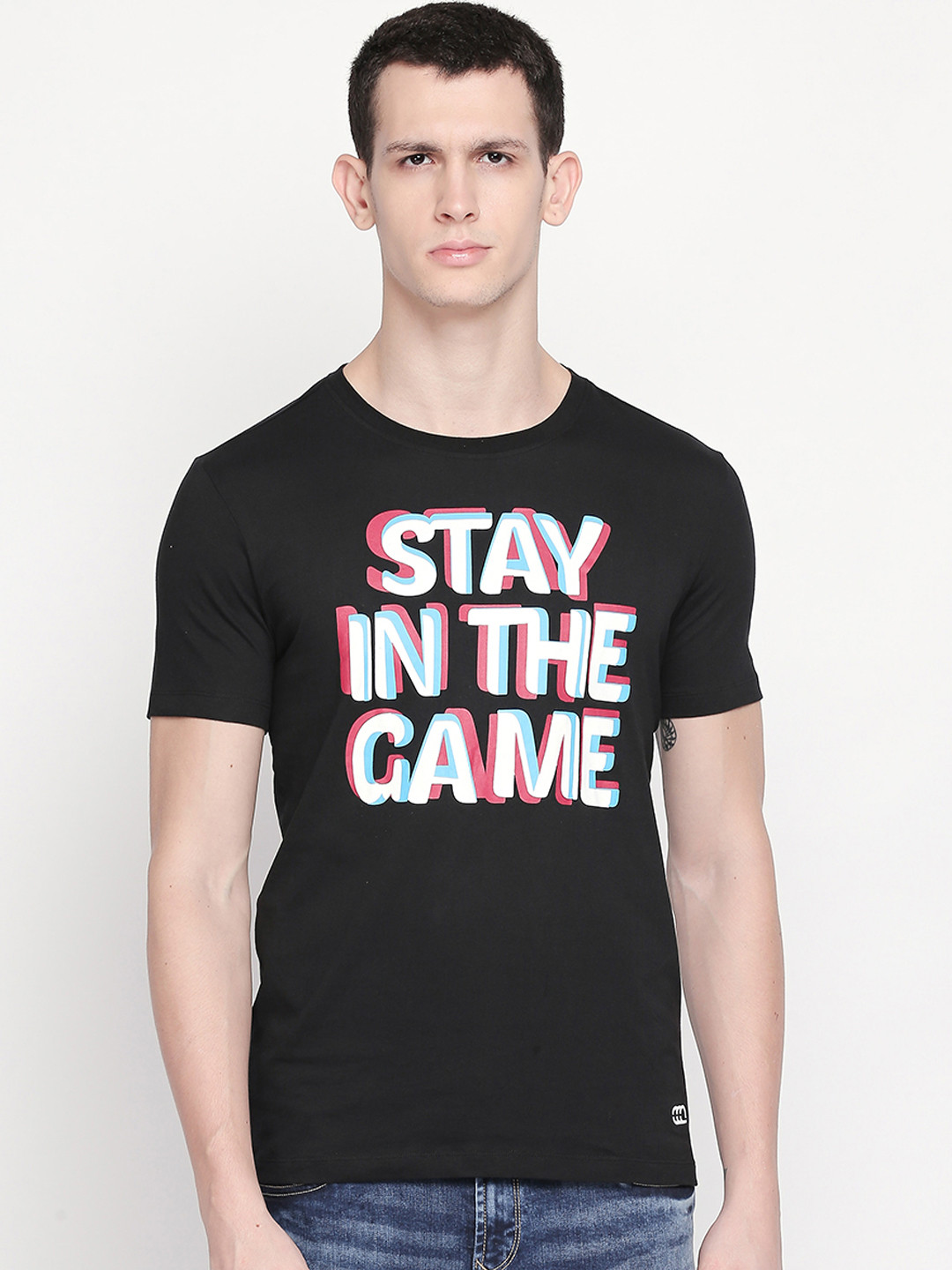 Ajile by Pantaloons Men Black Printed Round Neck Pure Cotton T-shirt