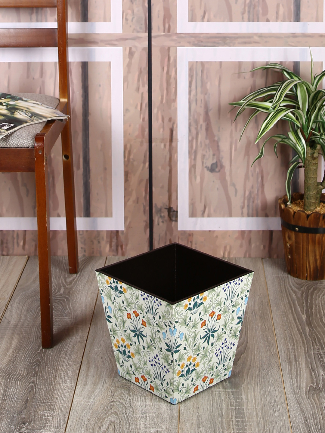Reinvention Factory Off-White & Green Printed Wooden Open Dry Bin