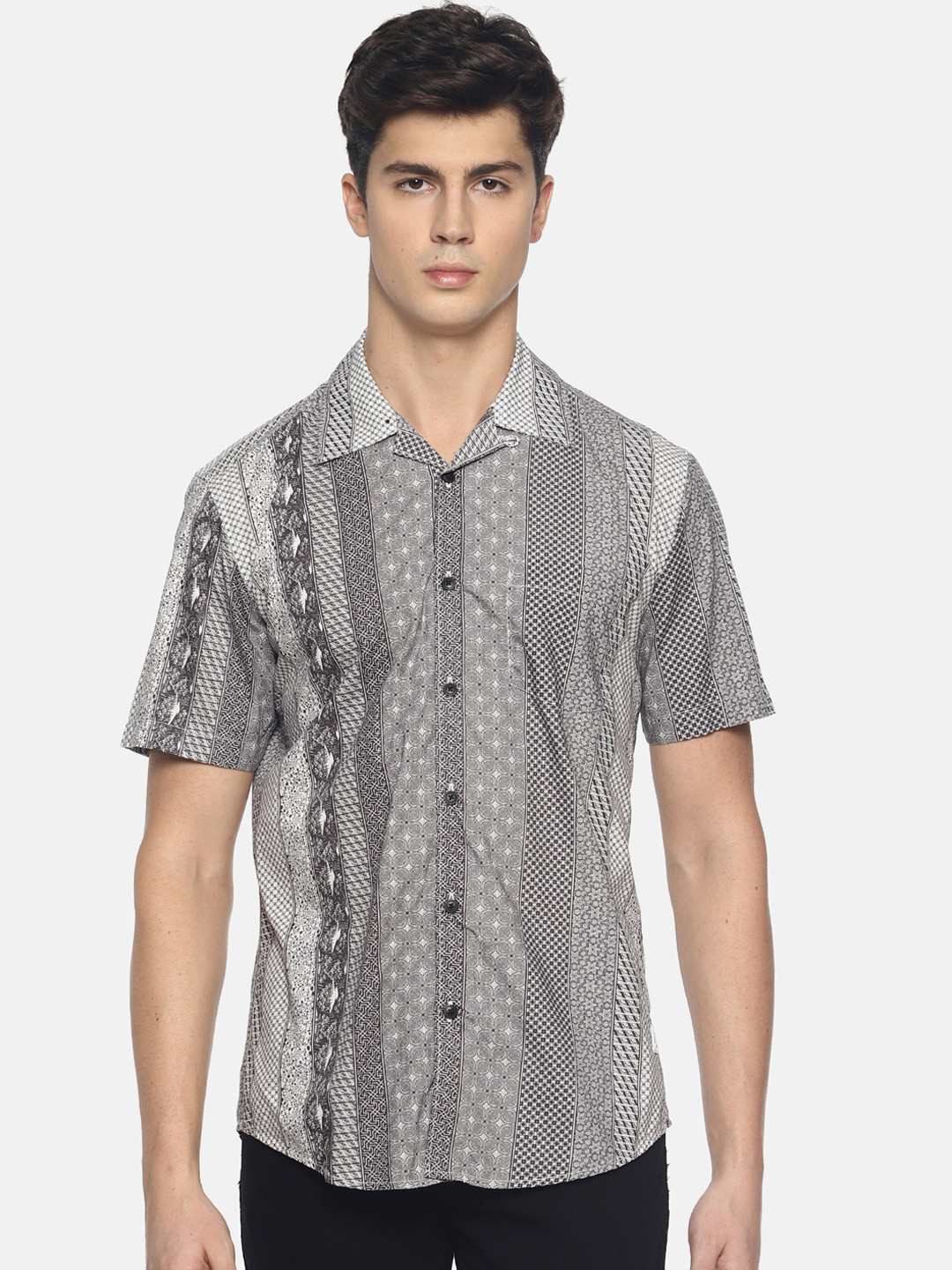 Bene Kleed Men White & Grey Slim Fit Printed Casual Shirt