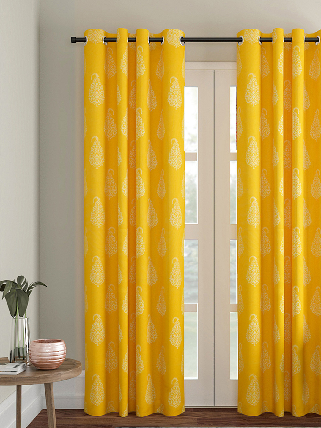 Soumya Yellow Single Printed Room Darkening Door Curtain