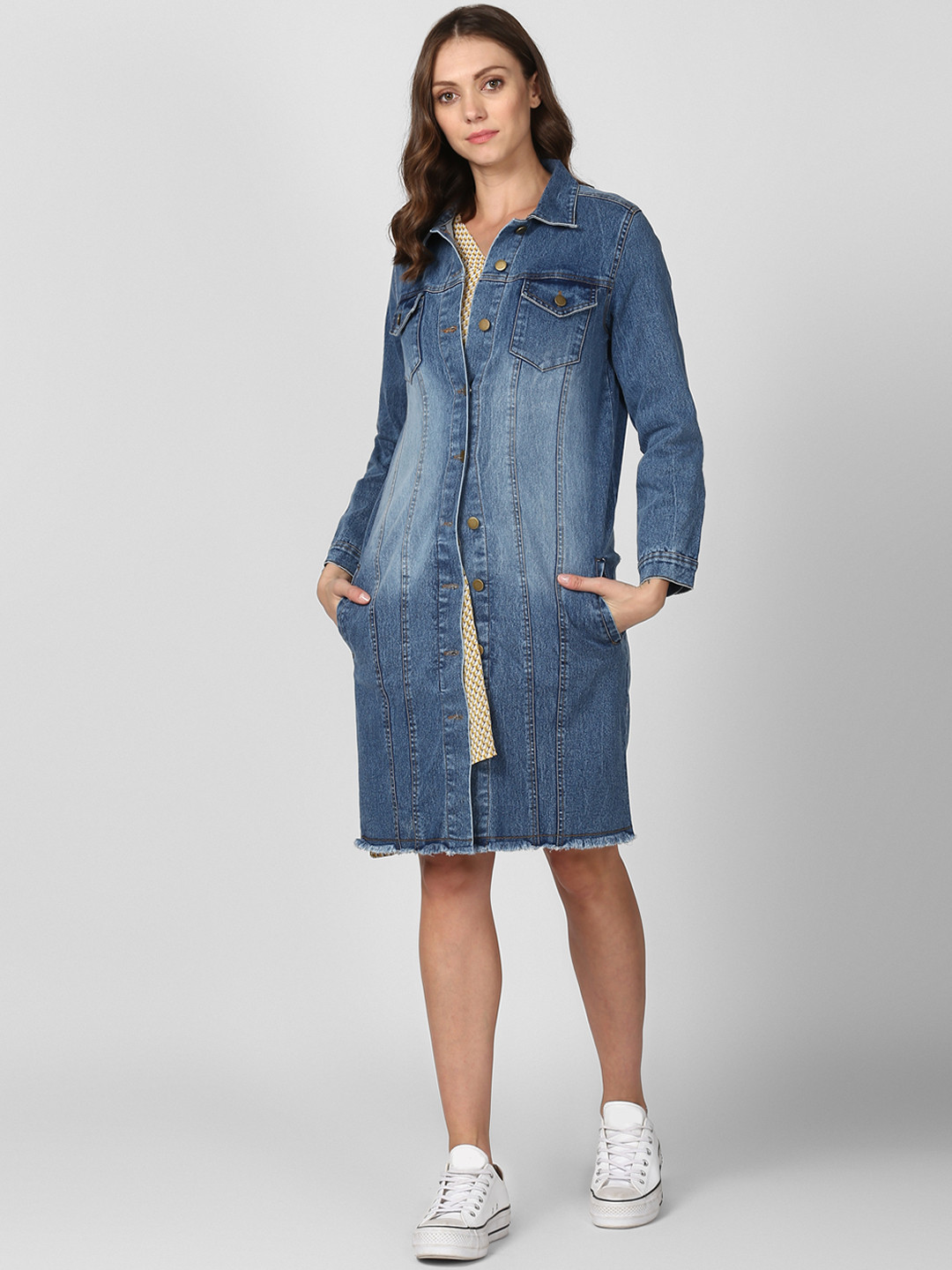 StyleStone Women Blue Solid Denim Longline Jacket
