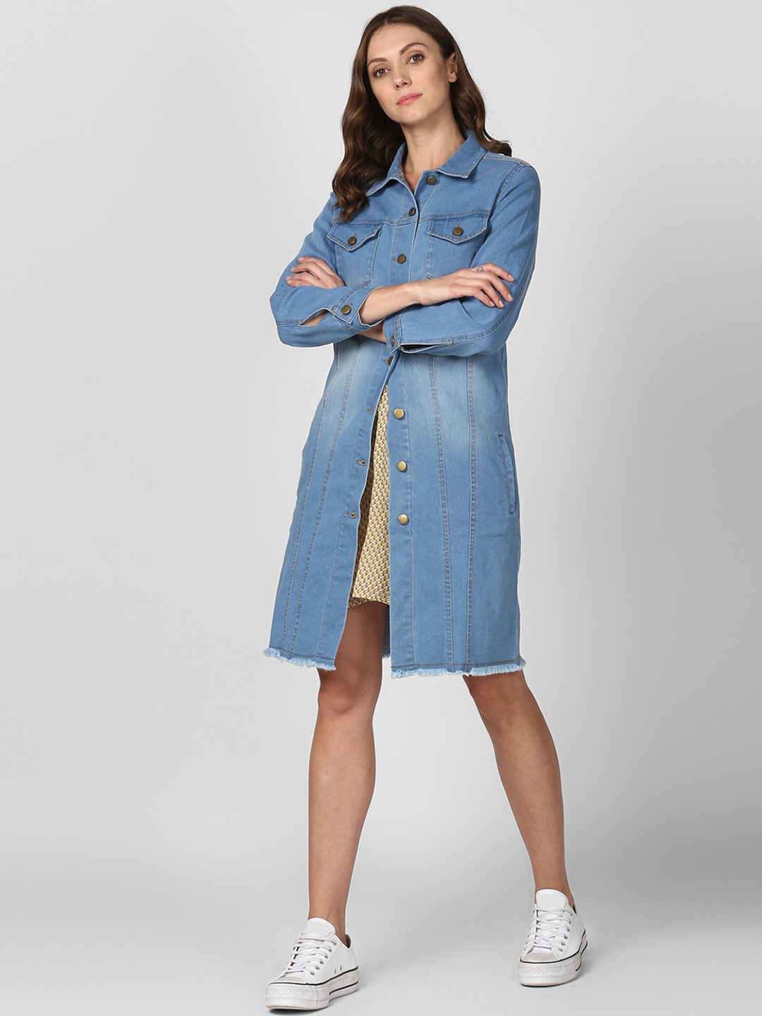 StyleStone Women Blue Solid Denim Longline Jacket