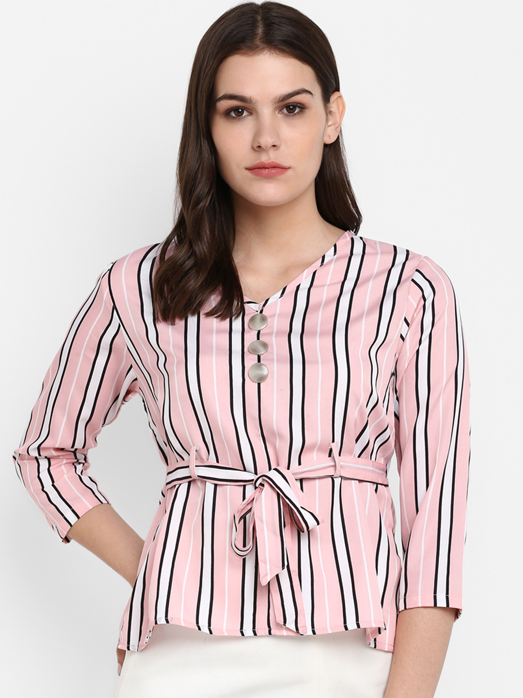 Indietoga Women Striped Tie-Up Crepe Top