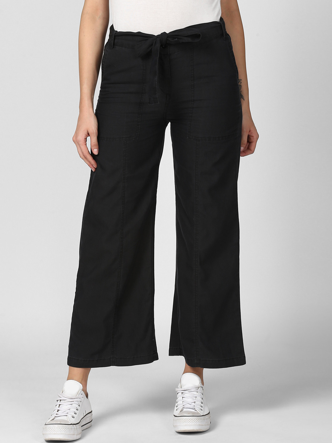StyleStone Women Black Loose Fit Solid Cropped Denim Parallel Trousers