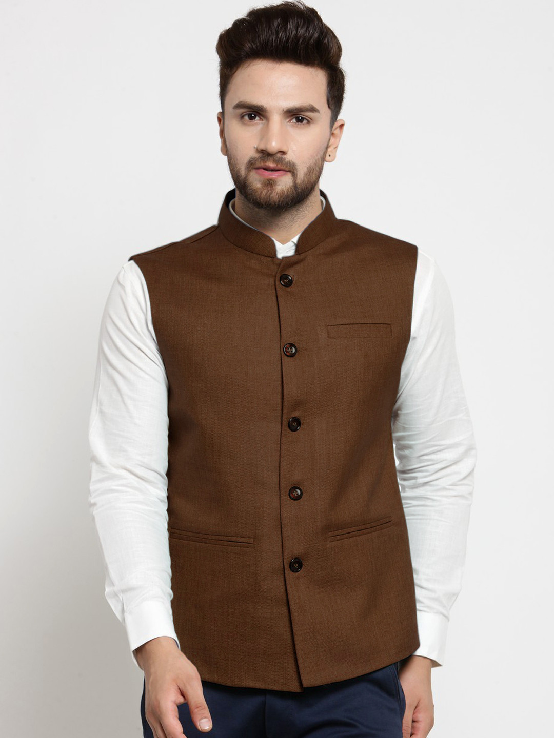 TREEMODA Men Brown Solid Nehru Jacket
