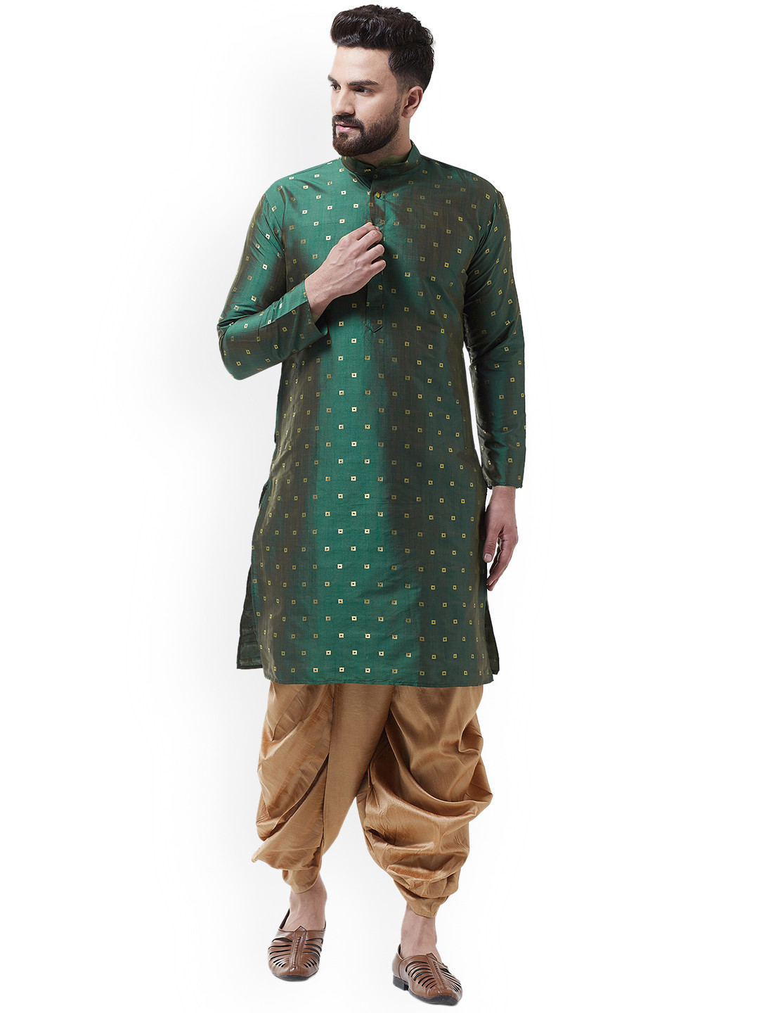 SOJANYA Men Green & Gold-Coloured Self Design Kurta with Dhoti Pants