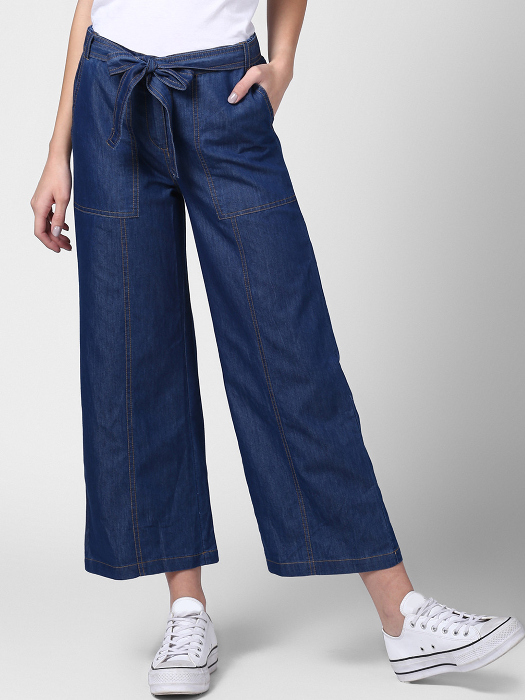 StyleStone Women Blue Loose Fit Solid Cropped Denim Parallel Trousers