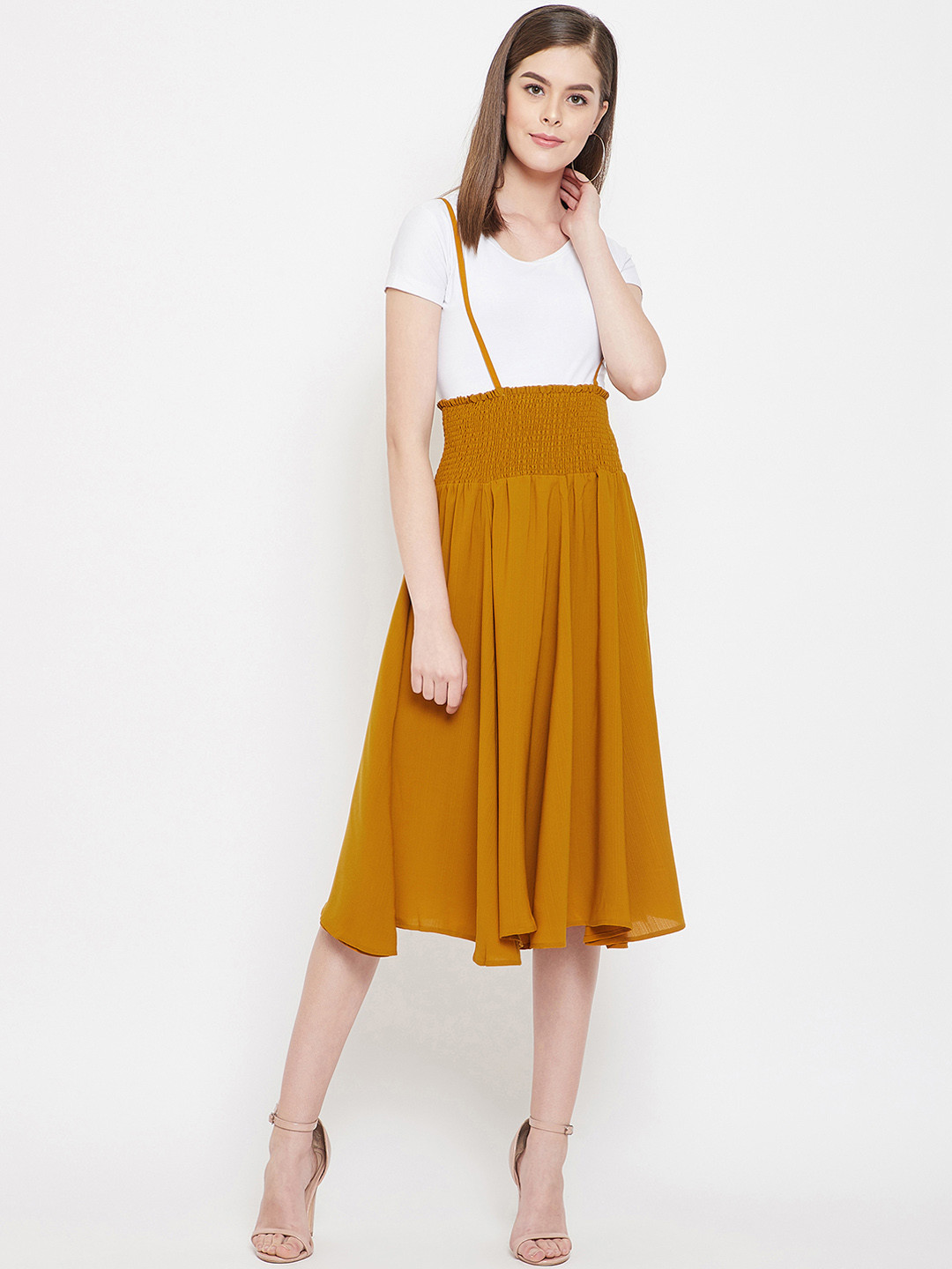 PANIT Women Mustard Yellow Solid Flared Midi Skirt