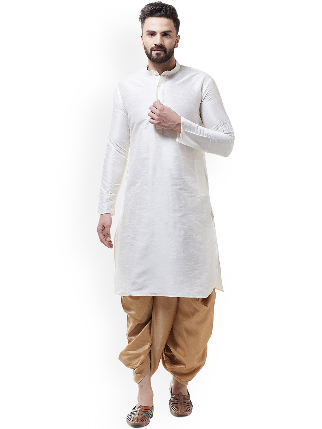 SOJANYA Men Off-White & Gold-Coloured Solid Kurta with Dhoti Pants