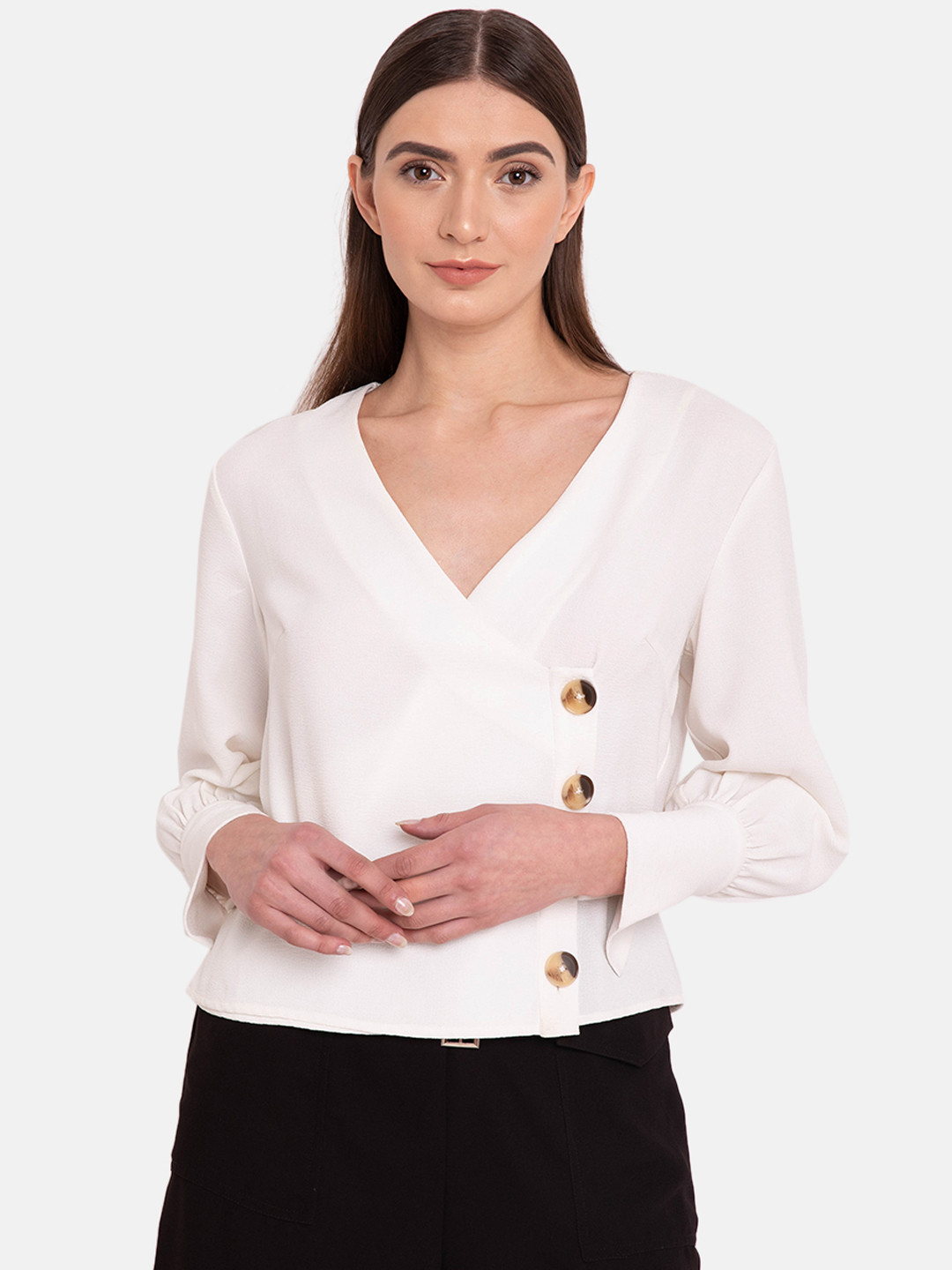 Kazo Women White Regular Fit Solid Casual Shirt