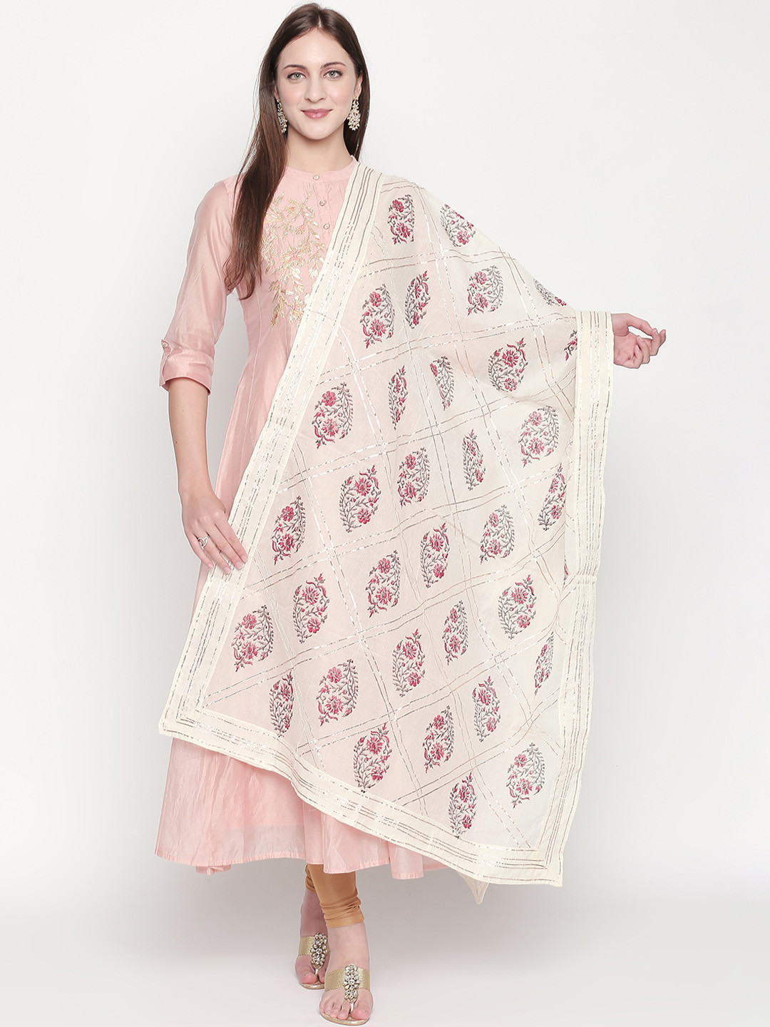 Pure Cotton Dupatta Bazaar Off-White & Pink Block Printed Pure Cotton Dupatta