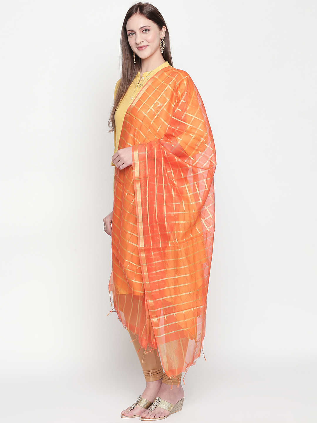 Dupatta Bazaar Orange & Gold-Toned Checked Dupatta