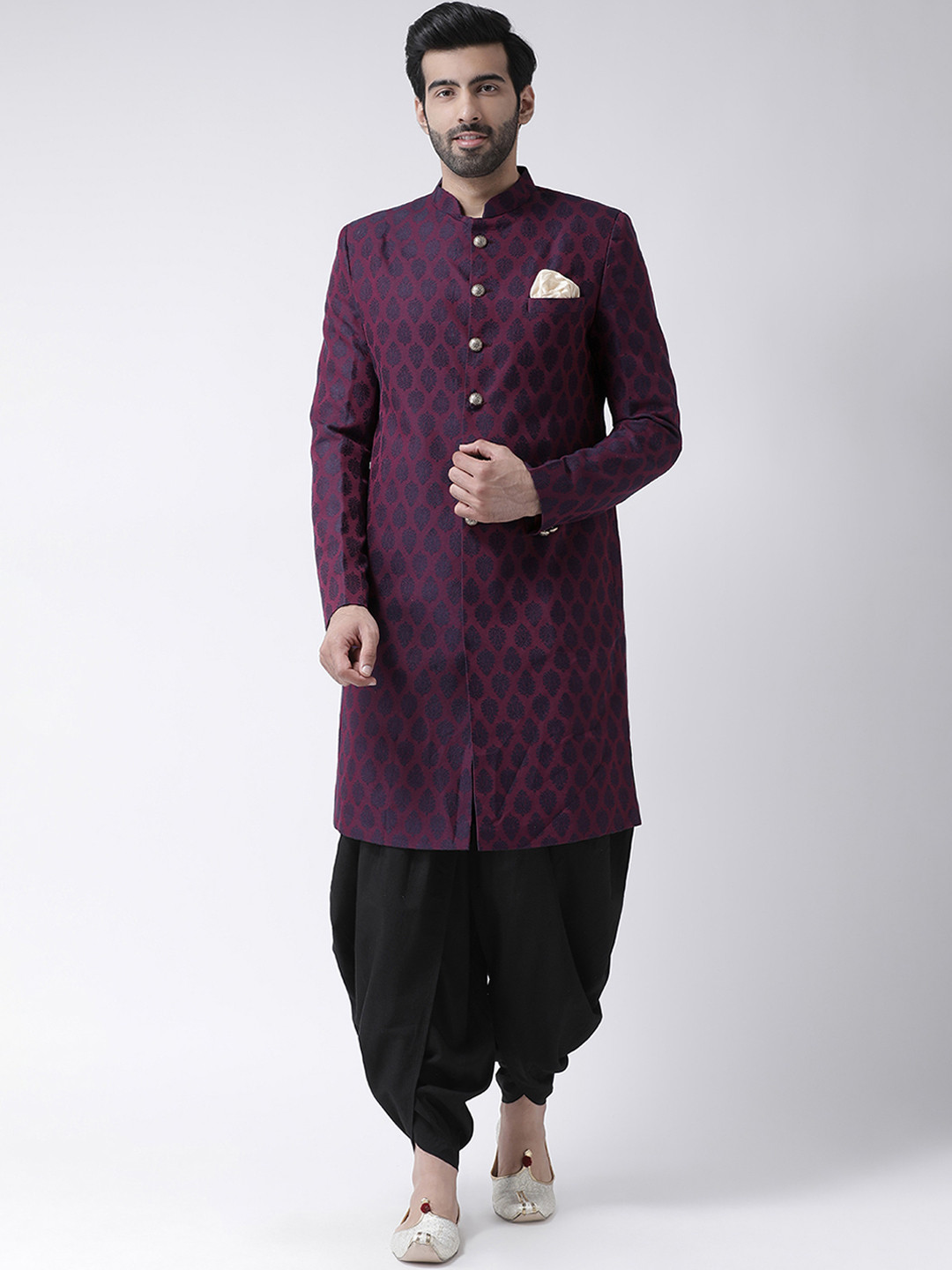 KISAH Men Purple & Black Self-Design Silk Indowestern Sherwani with Dhoti Pants