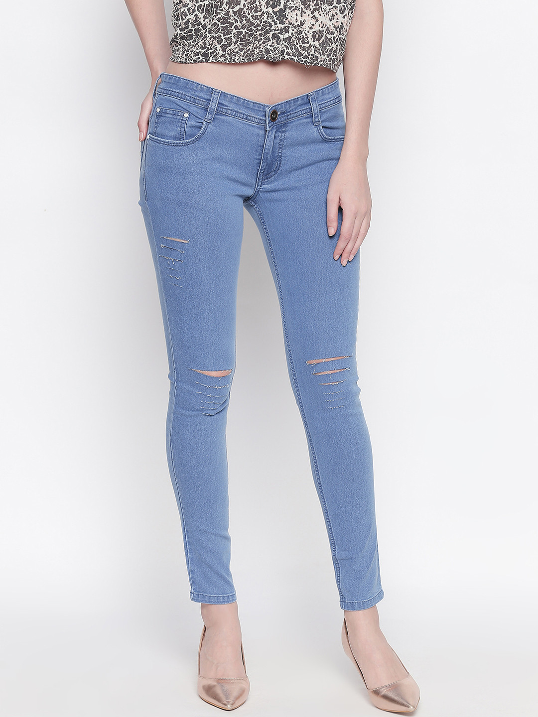High Star Women Blue Slim Fit Mid-Rise Slash Knee Stretchable Jeans