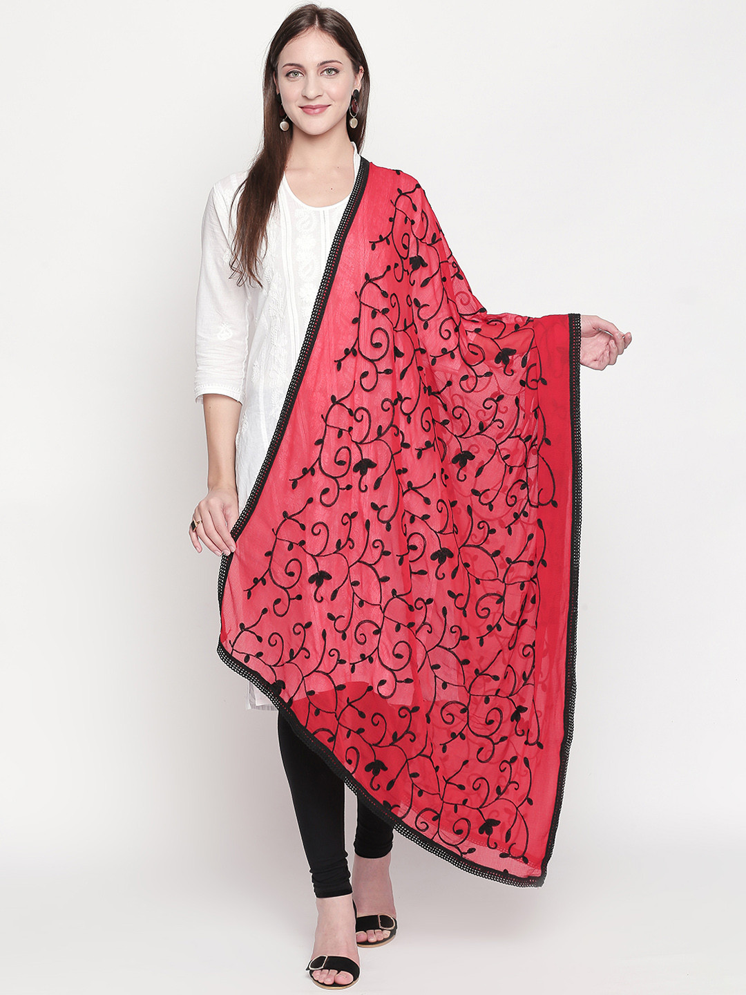 Dupatta Bazaar Women Red & Black Embroidered Dupatta