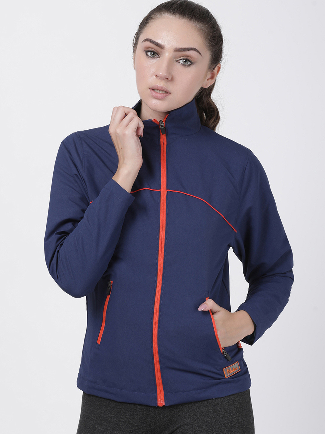 Plutus Women Navy Blue Solid Windcheater Jacket