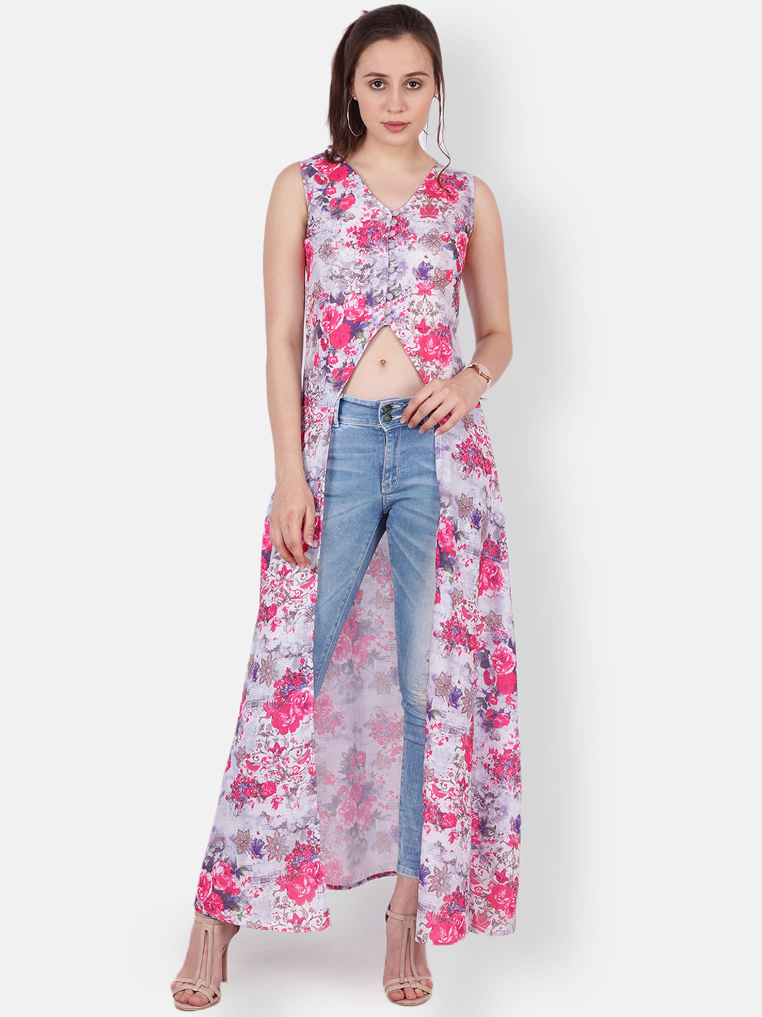 SCORPIUS Women Lavender & Pink Floral Printed Maxi Top