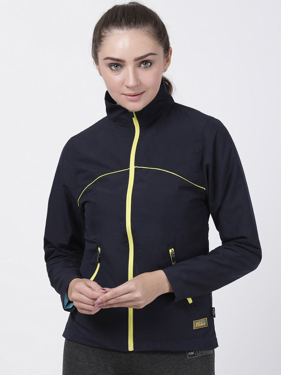 Plutus Women Navy Blue Solid Windcheater Jacket