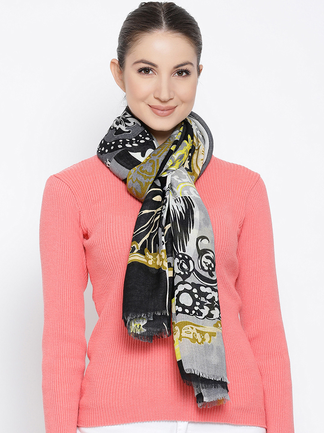 SHINGORA Women Black & Grey Printed Woolen Shawl