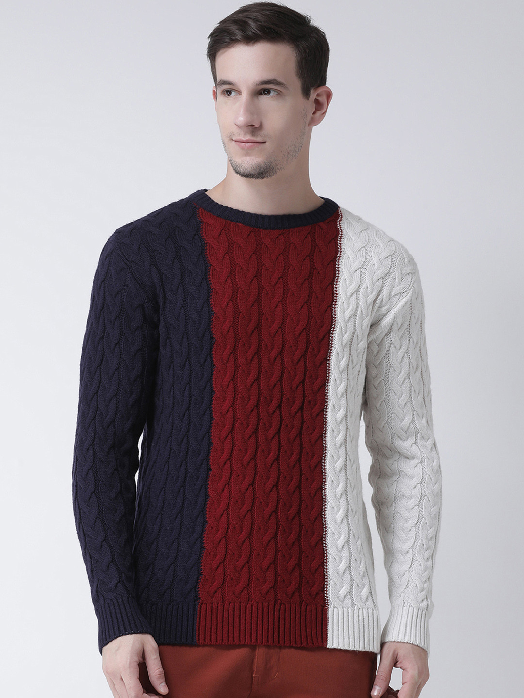 Club York Men Navy Blue & Maroon Colourblocked Cable Knit Sweater