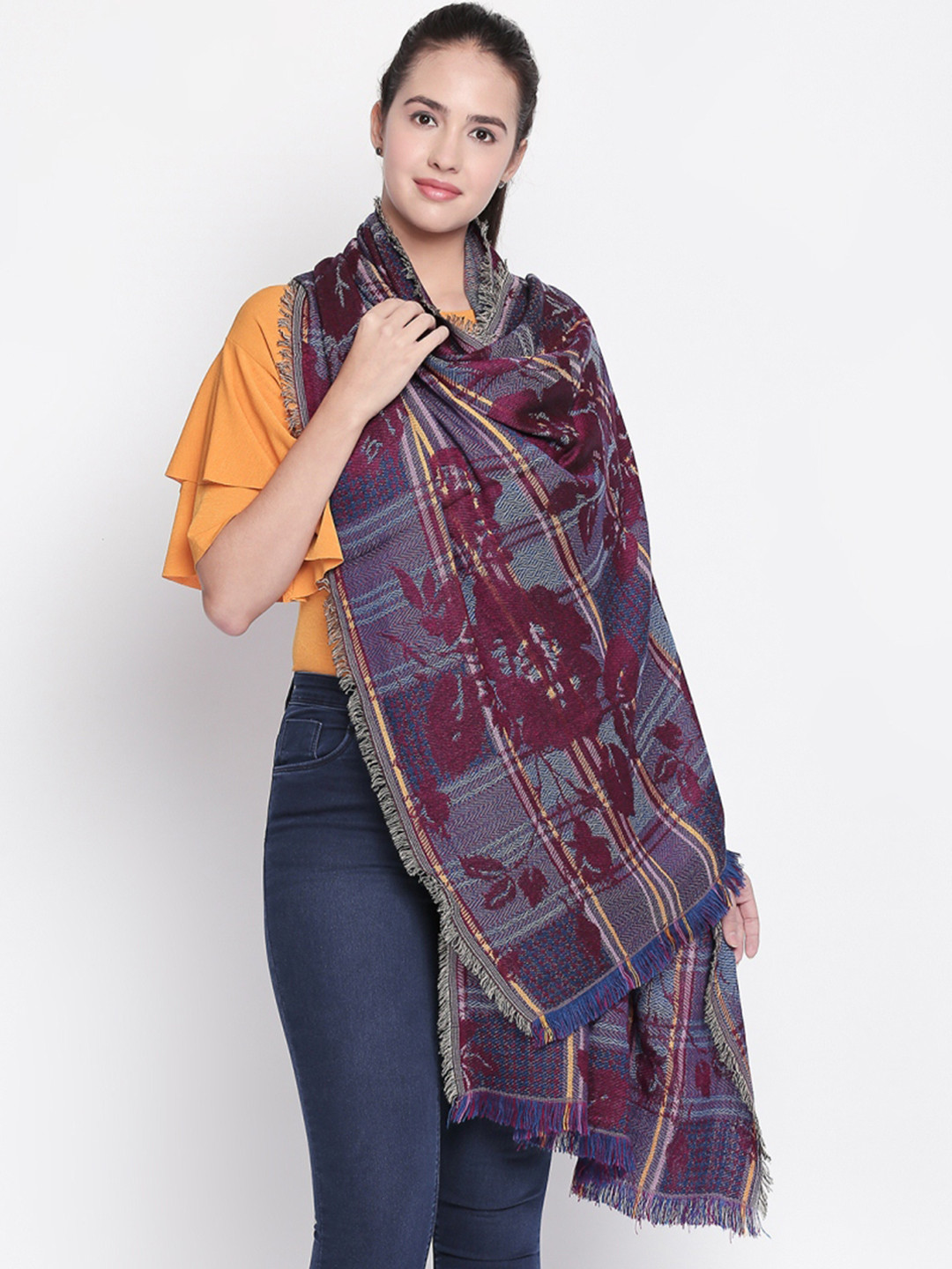 Style Quotient Women Maroon & Blue Woven Design Shawl