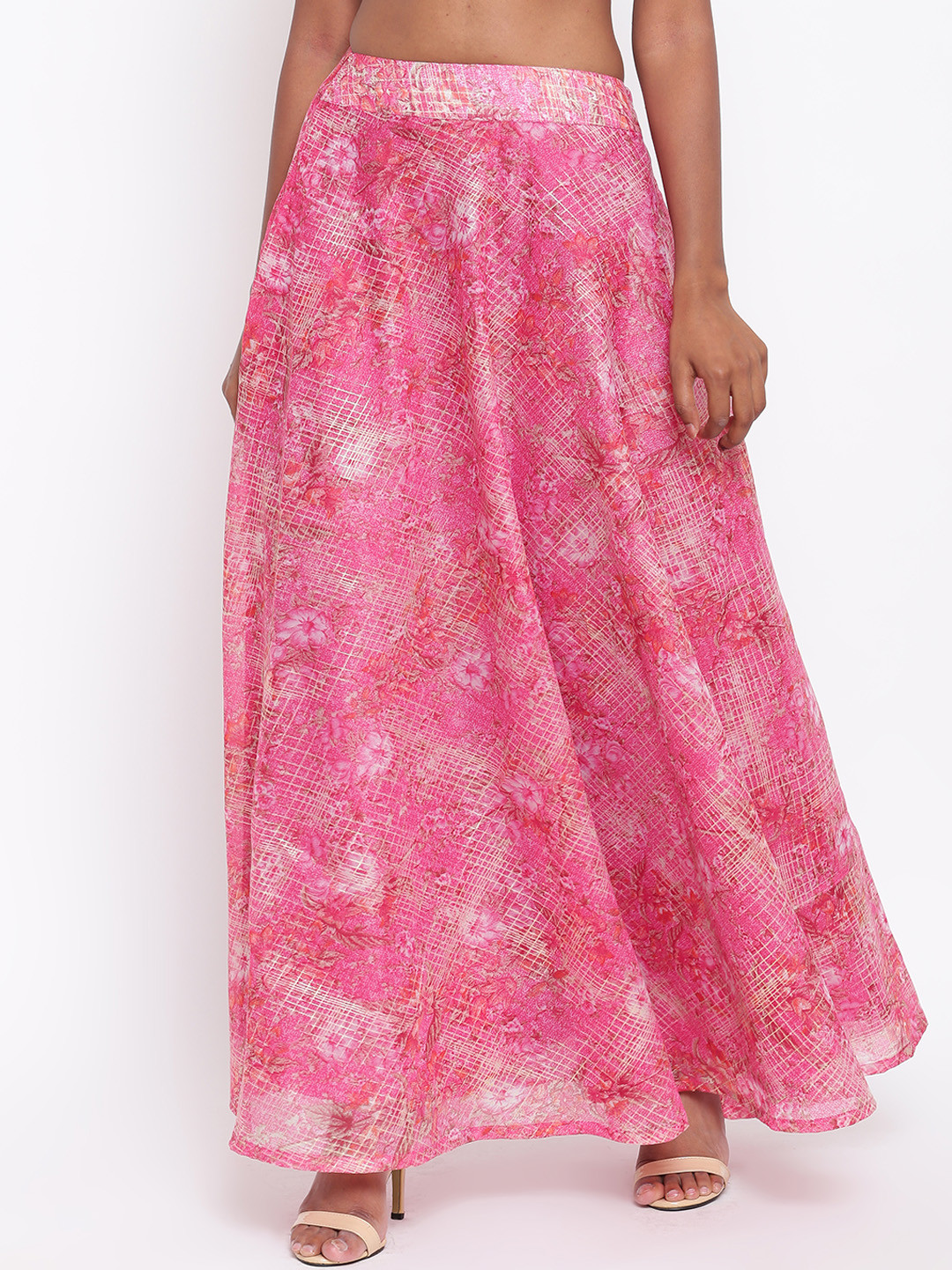 trueBrowns Women Pink & Beige Printed Maxi Skirt