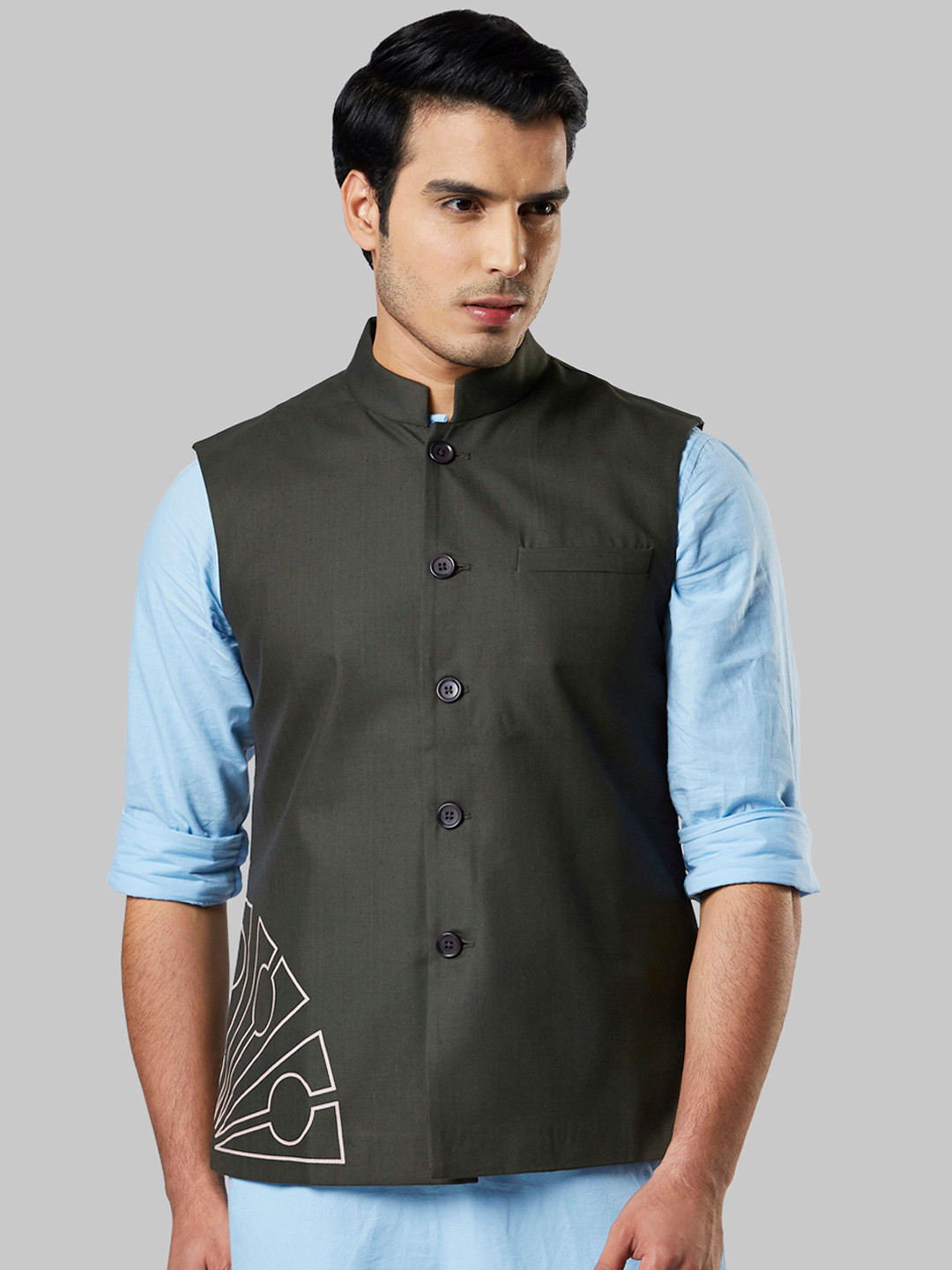 Ethnix by Raymond Men Green Printed Nehru Jacket