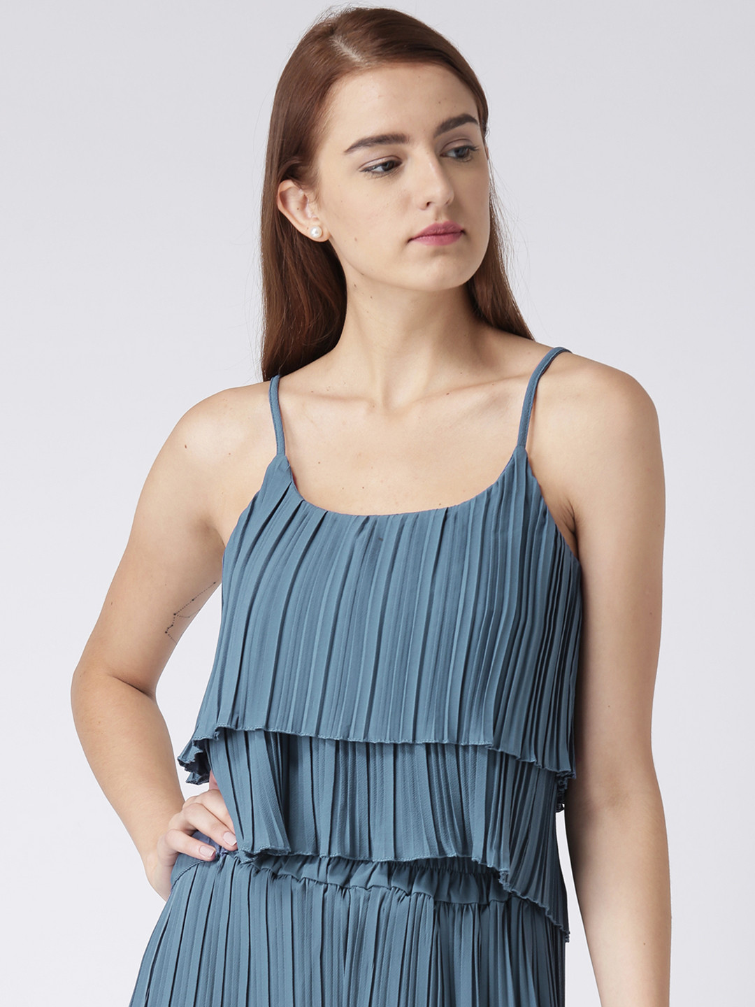 KASSUALLY Women Grey & Blue Solid Tiered Top