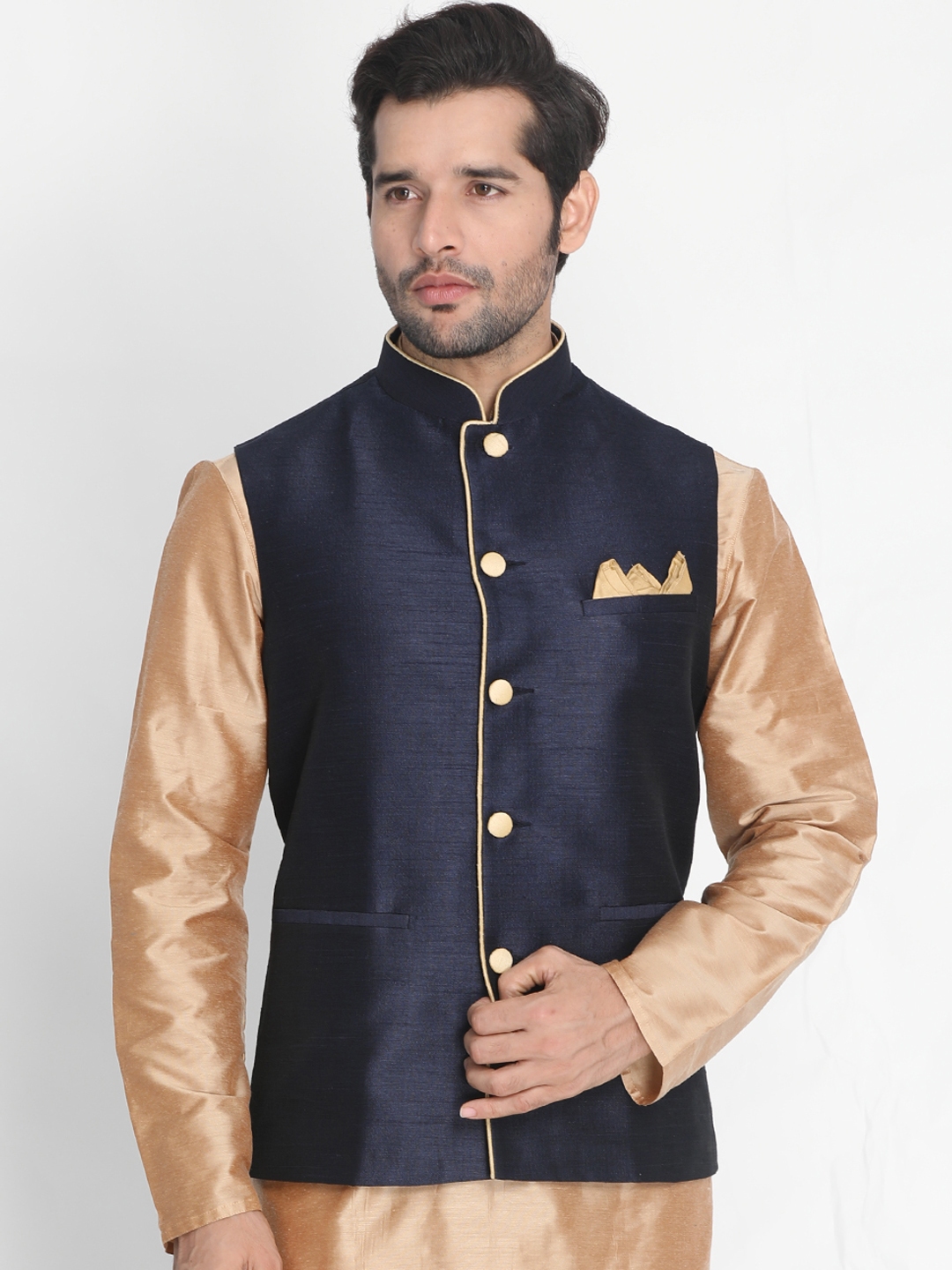 VASTRAMAY Men Navy Blue Solid Nehru Jackets