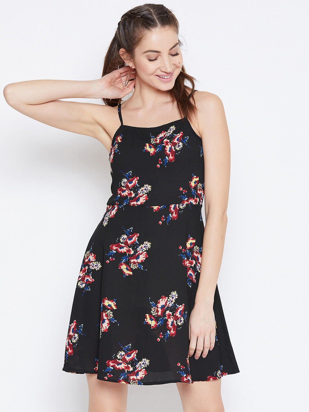 Berrylush Women Black & Red Floral Printed Fit and Flare Dress