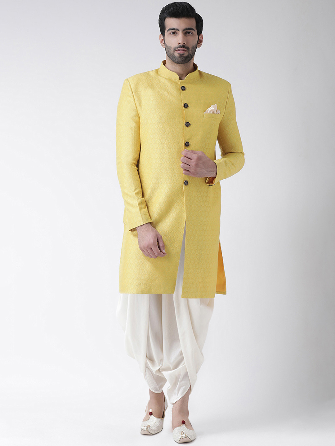 KISAH Men Yellow & White Woven Design Indowestern Sherwani Set