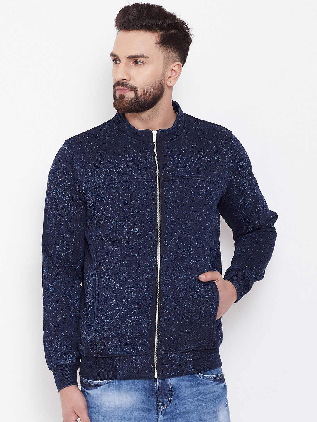 Adobe Men Navy Blue Printed Bomber Jacket