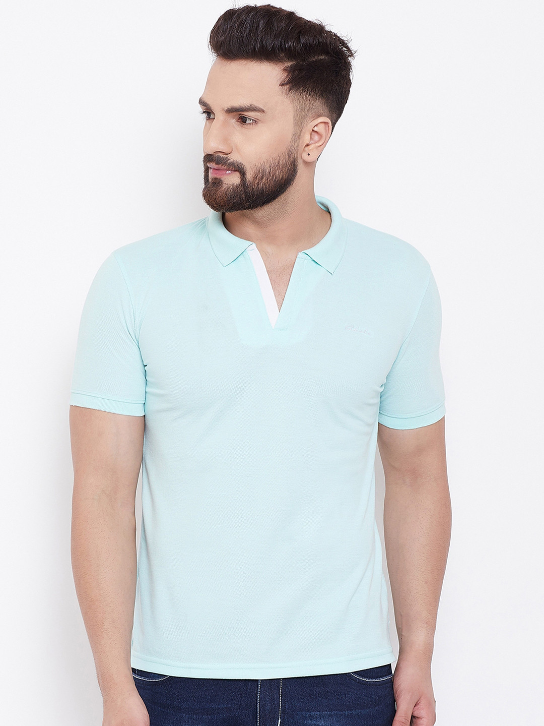 Adobe Men Turquoise Blue Solid Polo Collar T-shirt