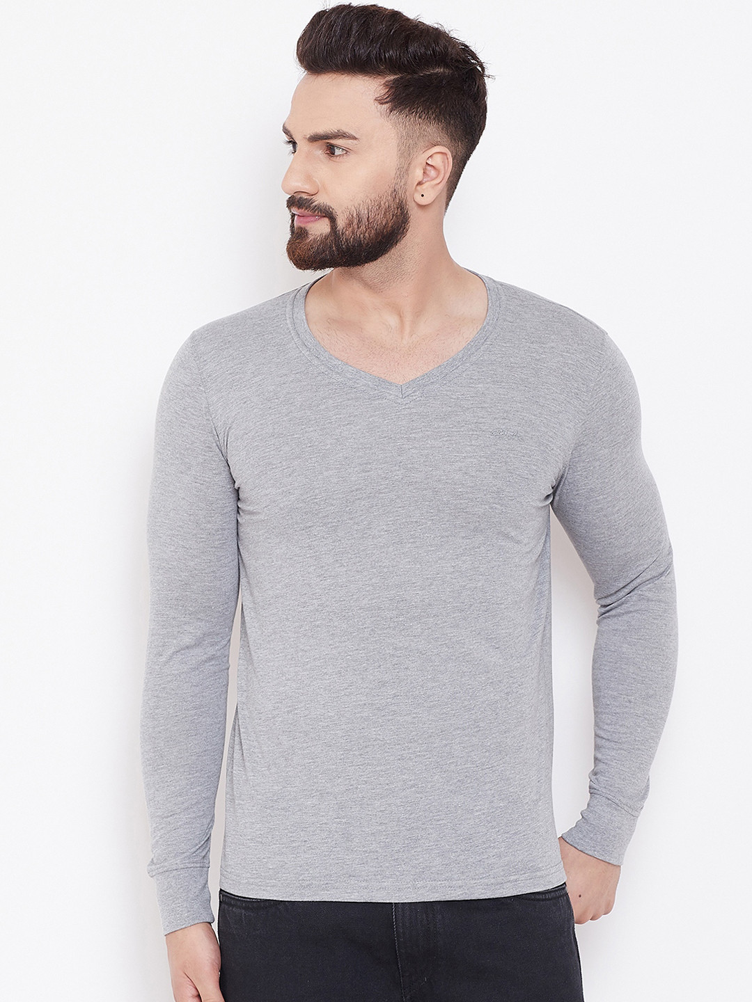 Adobe Men Grey Solid V-Neck T-shirt