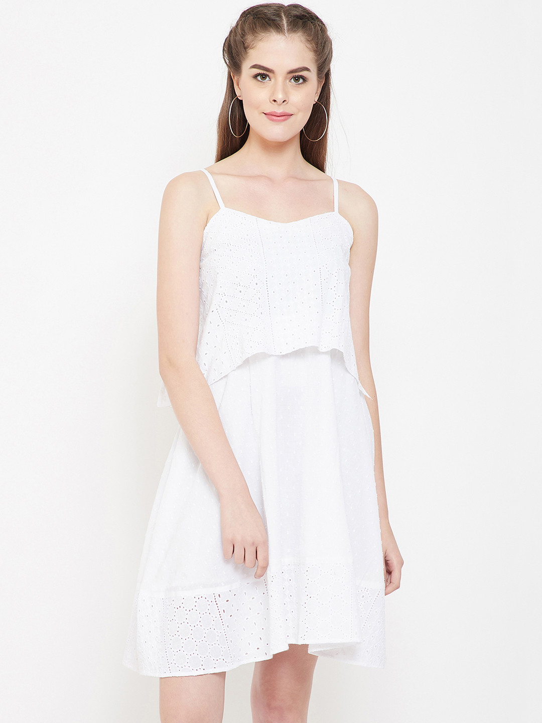 PANIT Women White Schiffli Embroidered Layered A-Line Dress