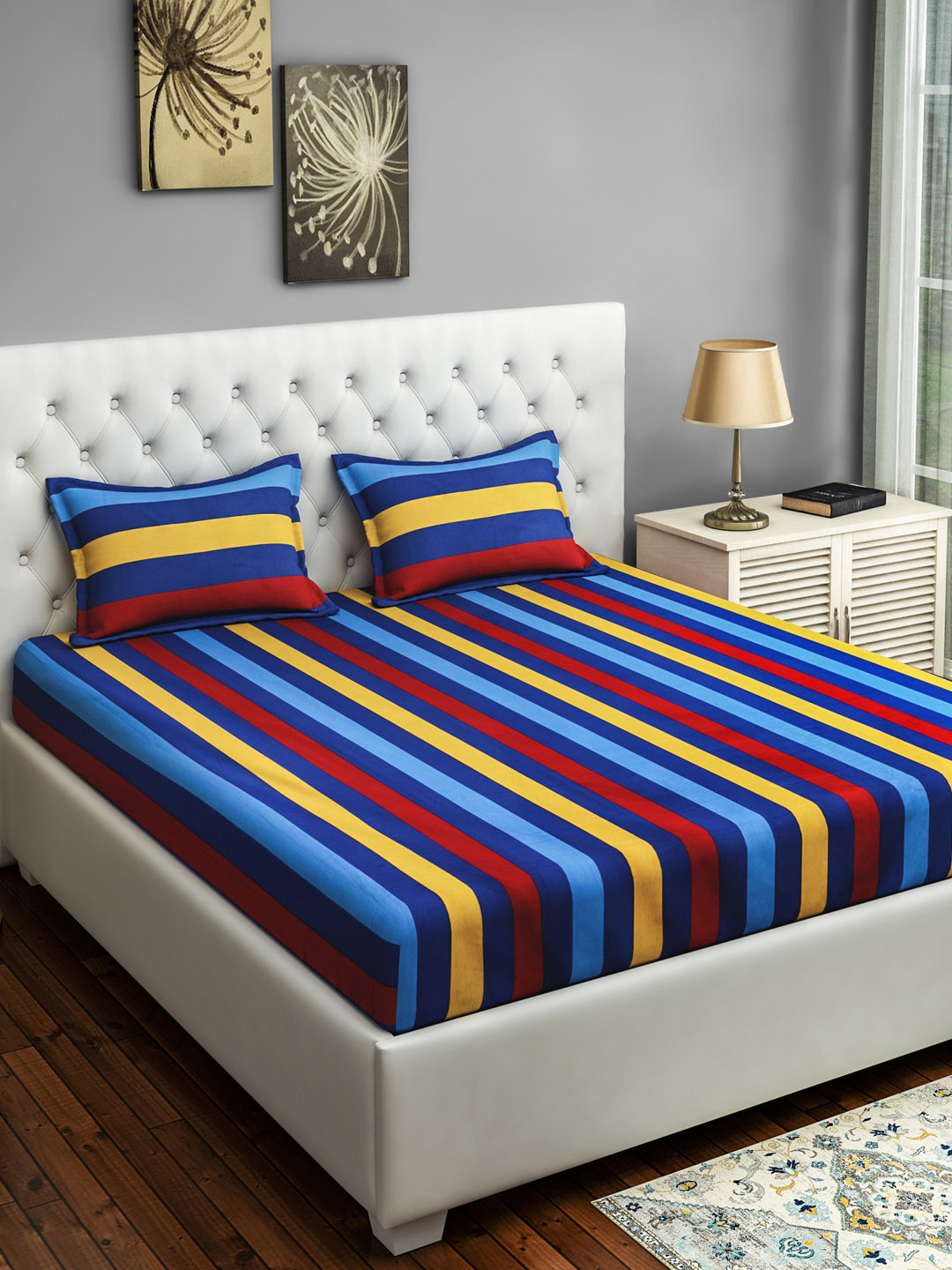 SWAYAM Multicoloured Striped Cotton 180 TC Queen Bedsheet with 2 Pillow Covers-90 x 108 inches