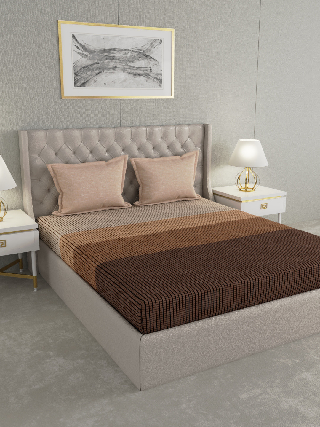 GM Brown & Grey Striped 180 TC Cotton 1  King Bedsheet with 2 Pillow Covers