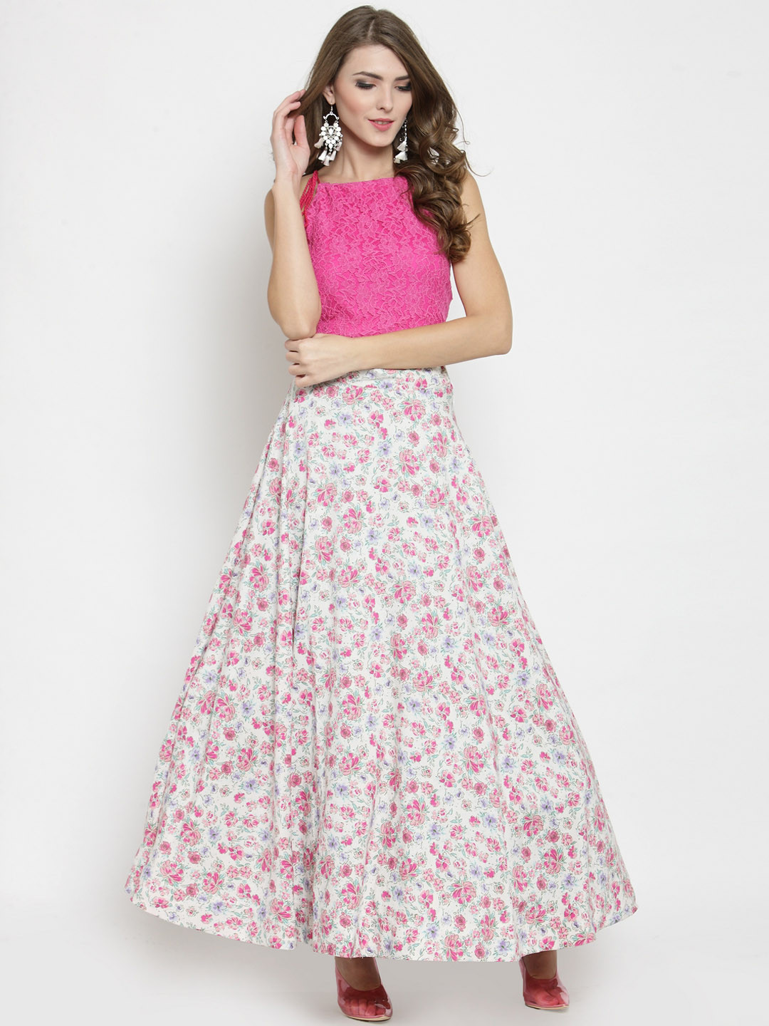 Sera Women Off-White & Pink Solid Top with Skirt