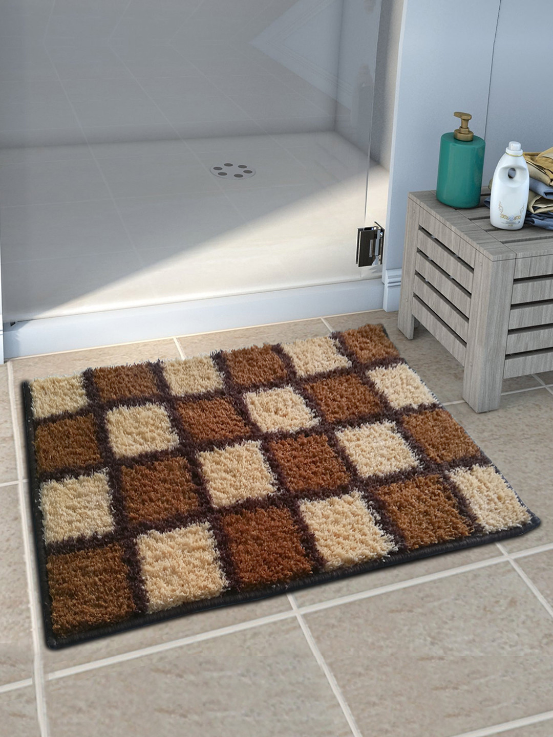 Athom Trendz Set of 2 Brown & Beige Checked Anti-Slip Bath Rugs