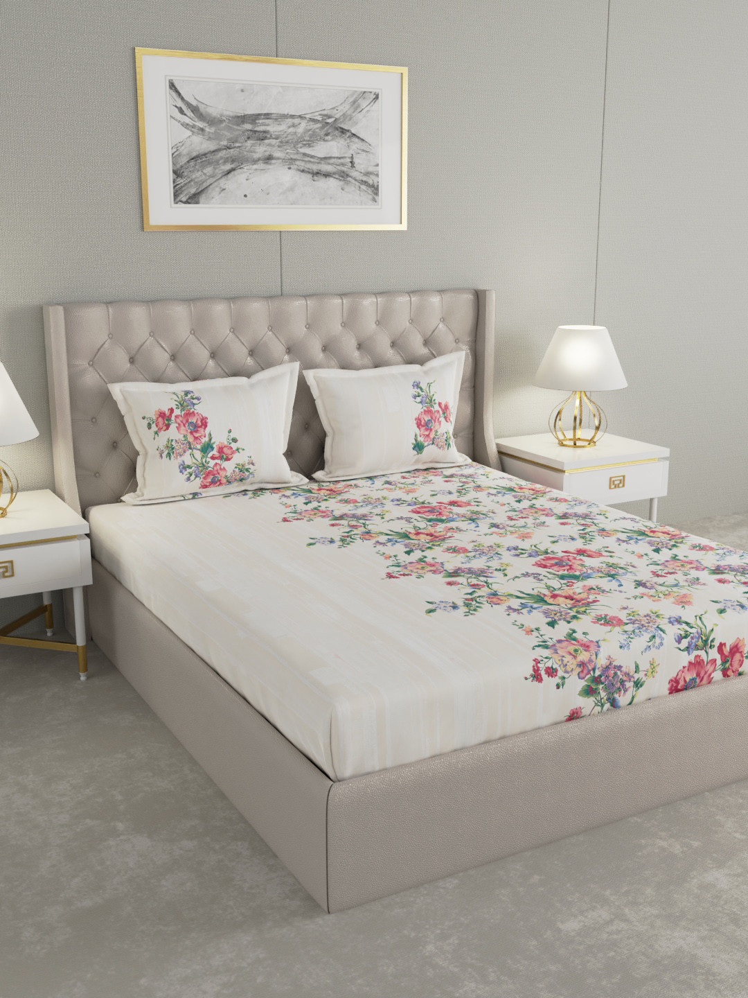 GM White Floral Cotton 180 TC King Fine Bedsheet with 2 Pillow Covers-274 x 274 cm