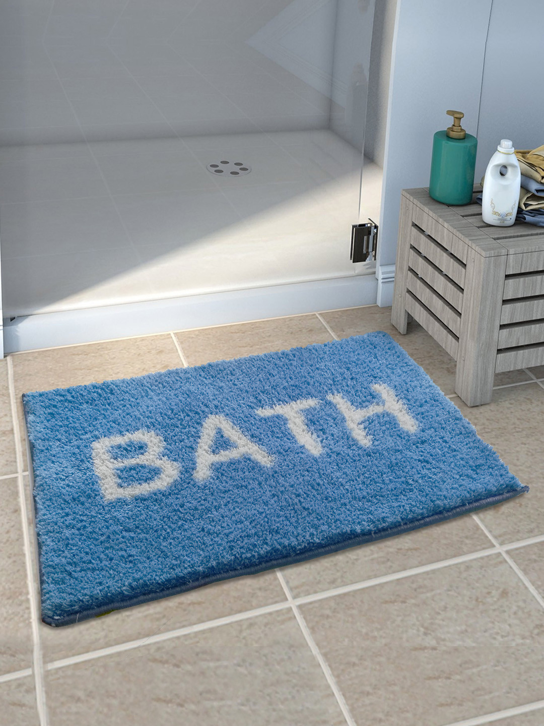 Athom Trendz Set of 2 Blue Printed Anti-slip Bath Rugs