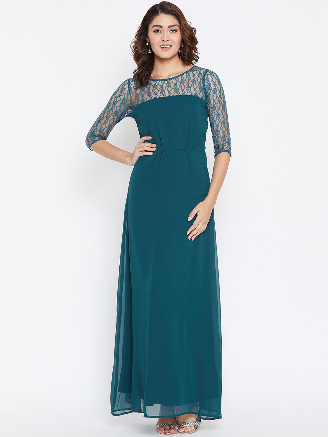 La Zoire Women Teal Blue Self Design Maxi Dress