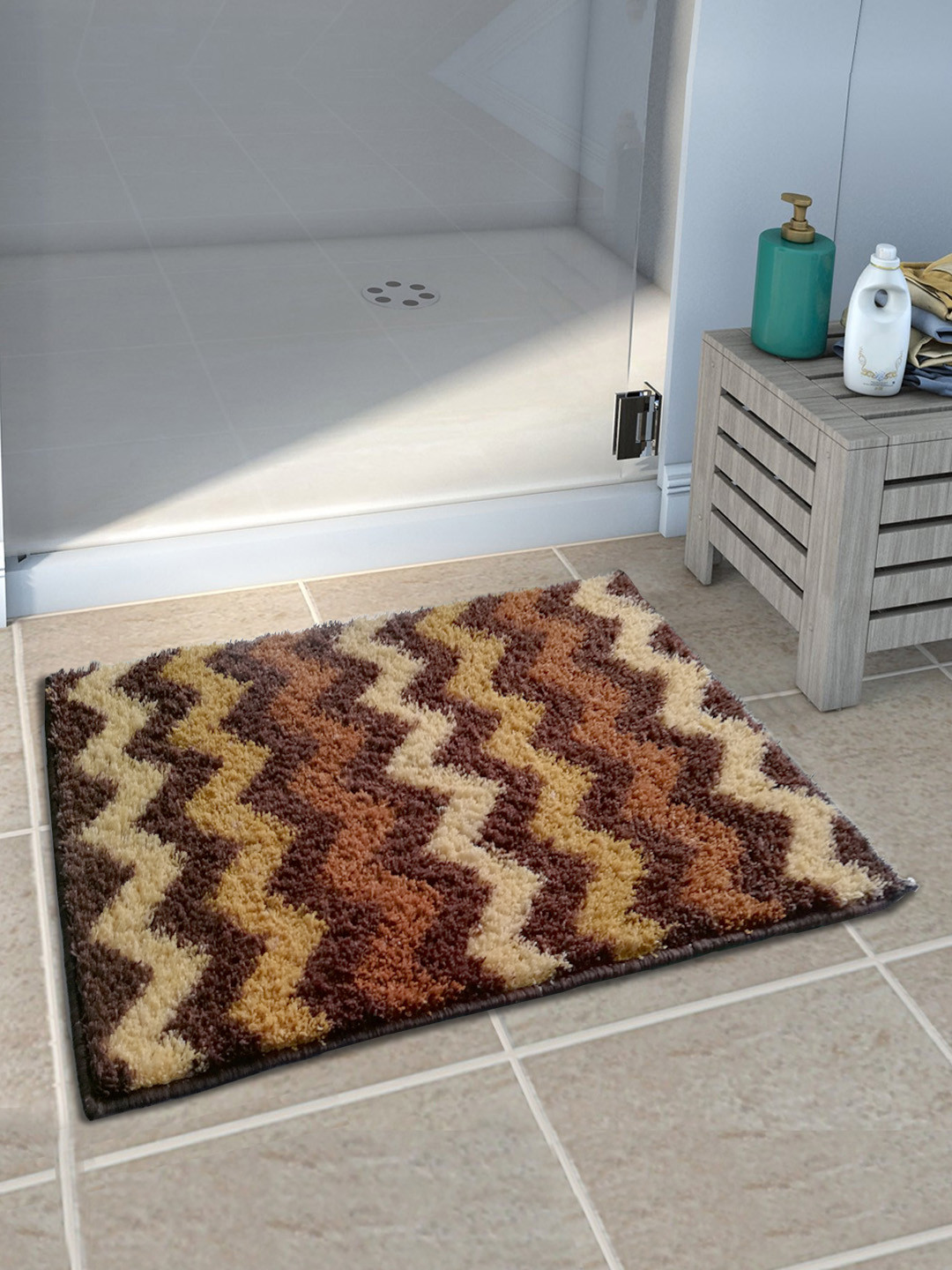 Athom Trendz Set of 3 Brown & Beige Striped Anti-Slip Bath Rugs
