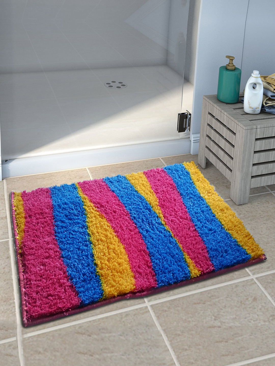 Athom Trendz Set of 2 Pink & Blue Patterned Anti Slip Bath Rugs