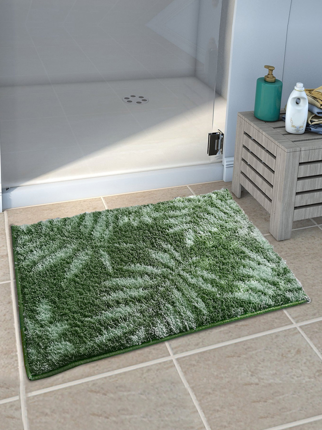 Athom Trendz Set of 3 Green Patterned Anti Slip Bath Rugs